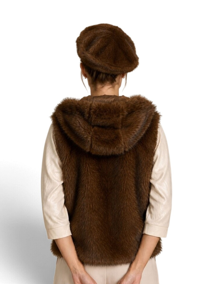 Donkerbruine teddy bodywarmer met kap Jenny Due Amanti