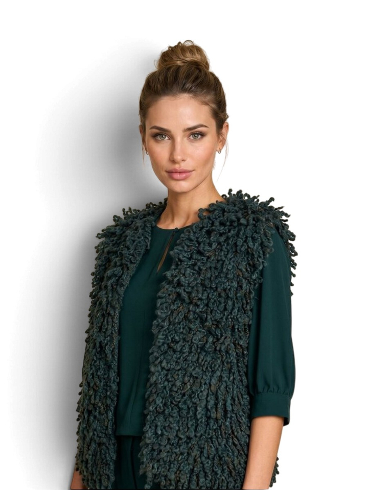 Groene mouwloze cardigan in wol met franjes Dolly Due Amanti 