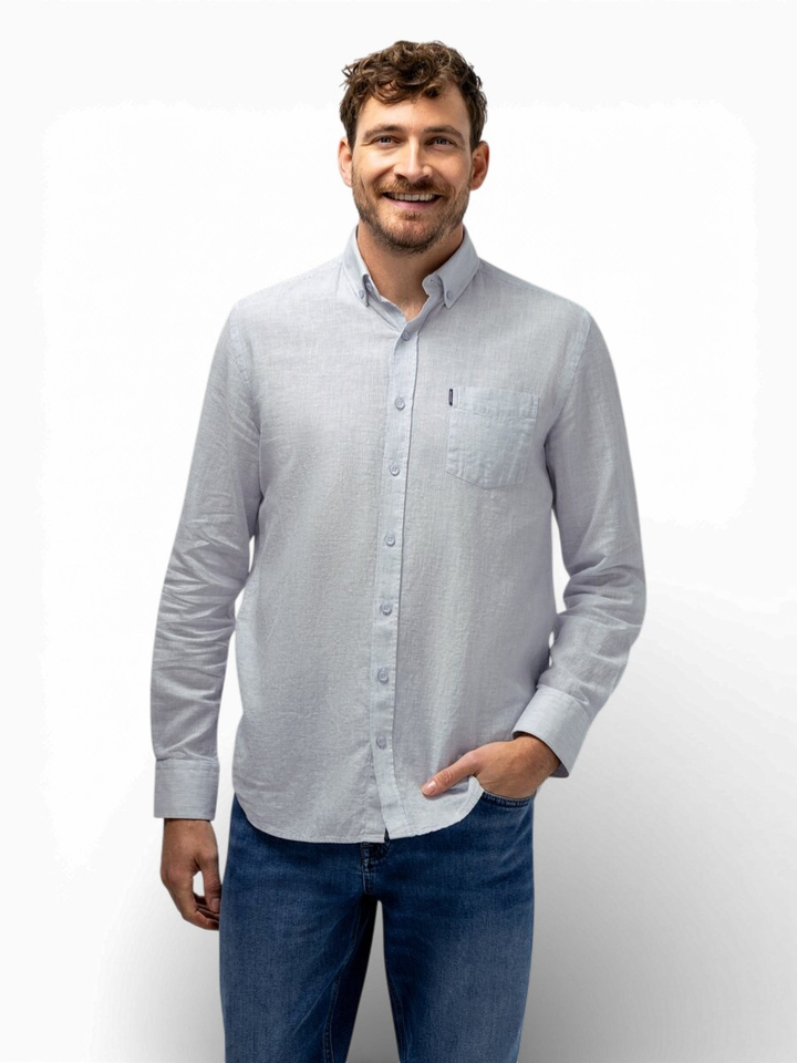 Wit linnen hemd (regular fit) met fijne strepen en lange mouwen State Of Art 