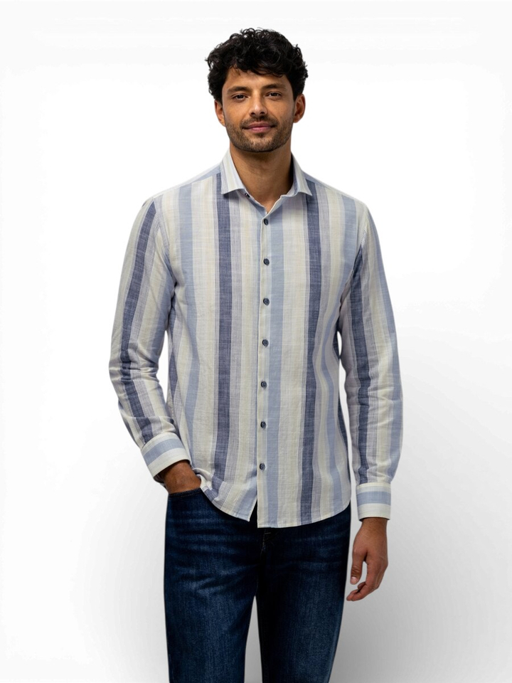 Beige linnen hemd (regular fit) met strepen en lange mouwen State Of Art 