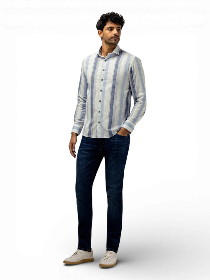 Beige linnen hemd (regular fit) met strepen en lange mouwen State Of Art 