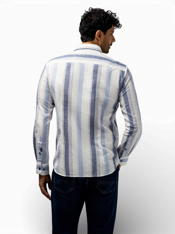 Beige linnen hemd (regular fit) met strepen en lange mouwen State Of Art 