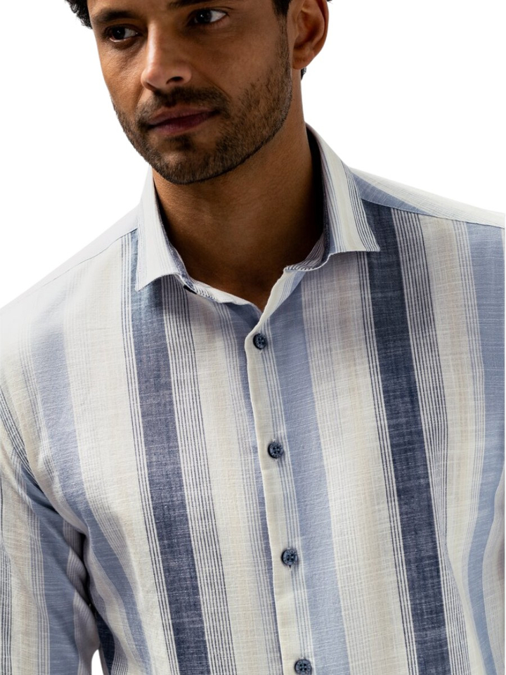 Beige linnen hemd (regular fit) met strepen en lange mouwen State Of Art 