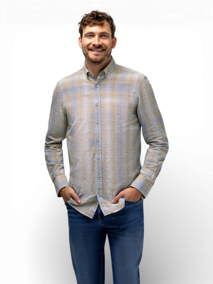 Beige linnen hemd (regular fit) met blauwe ruiten en lange mouwen State Of Art 