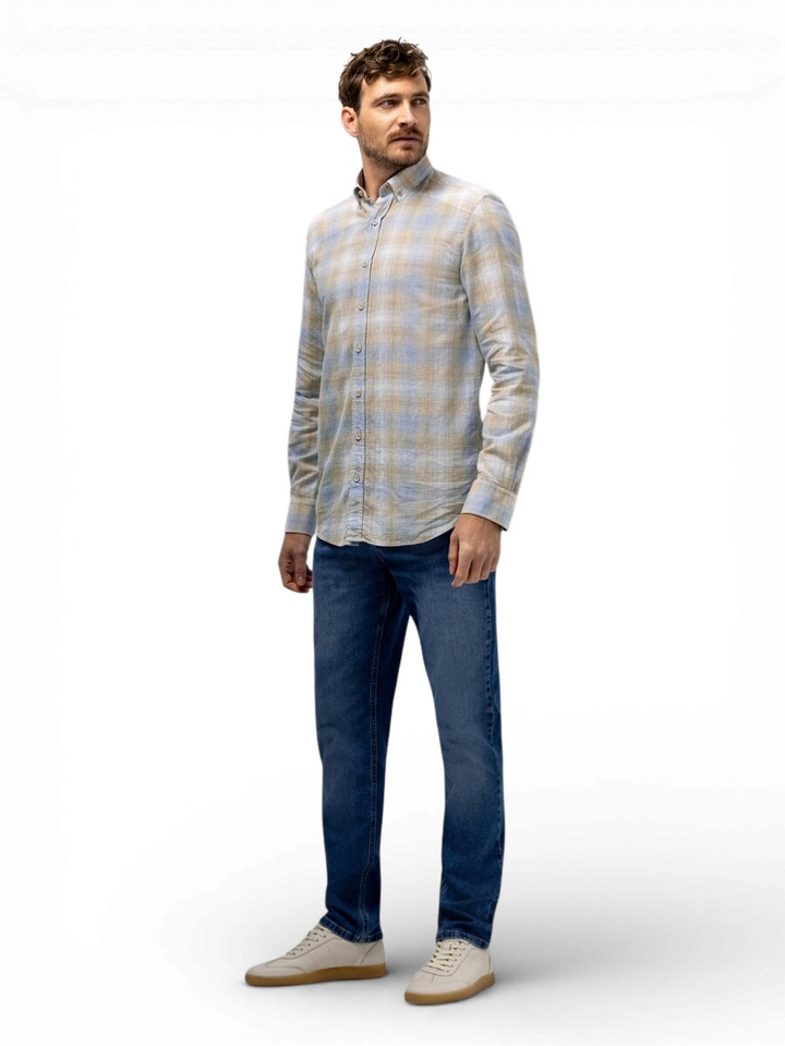 Beige linnen hemd (regular fit) met blauwe ruiten en lange mouwen State Of Art 