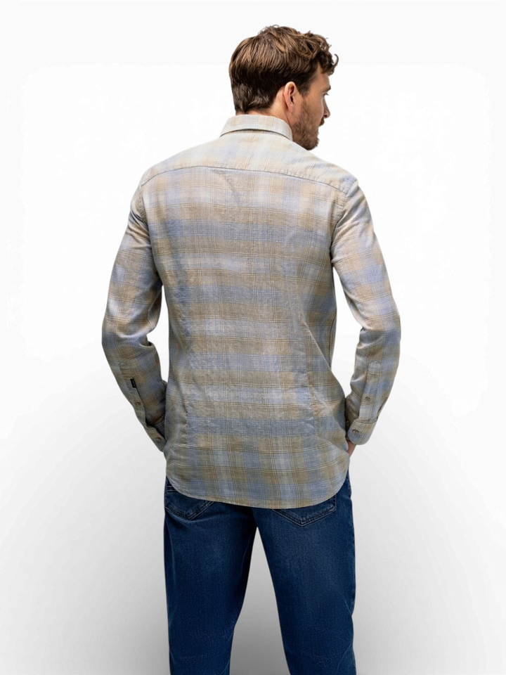Beige linnen hemd (regular fit) met blauwe ruiten en lange mouwen State Of Art 