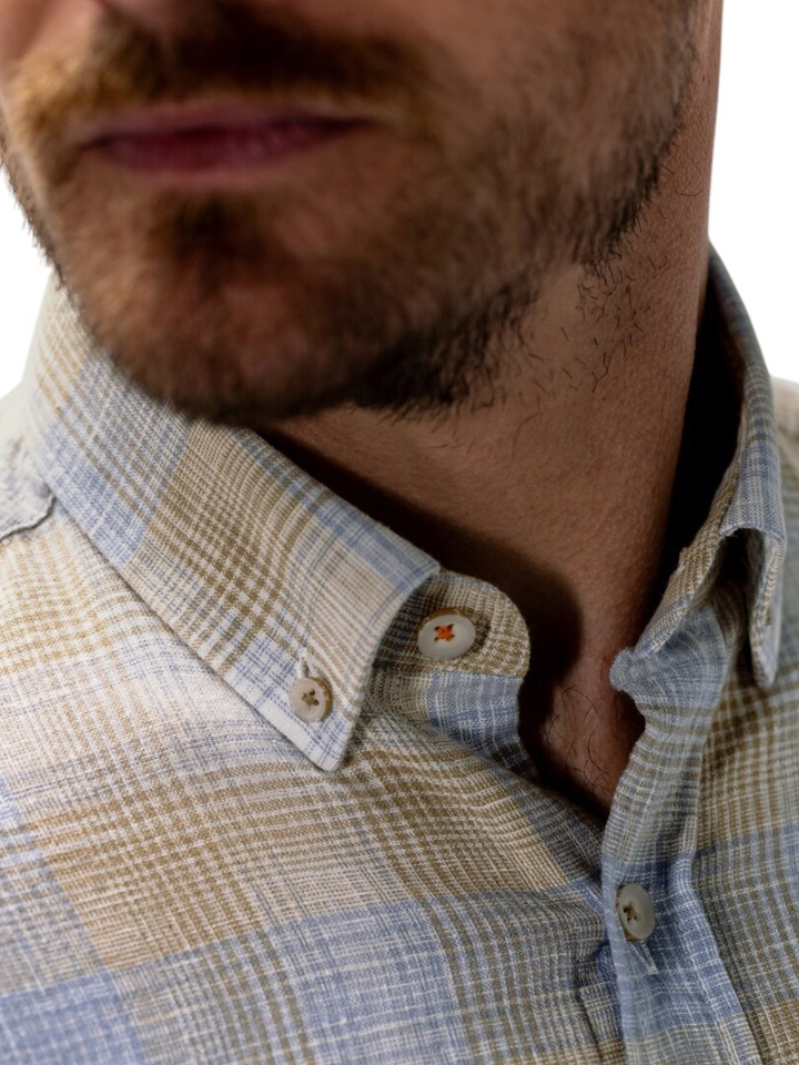 Beige linnen hemd (regular fit) met blauwe ruiten en lange mouwen State Of Art 
