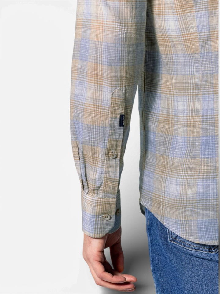 Beige linnen hemd (regular fit) met blauwe ruiten en lange mouwen State Of Art 