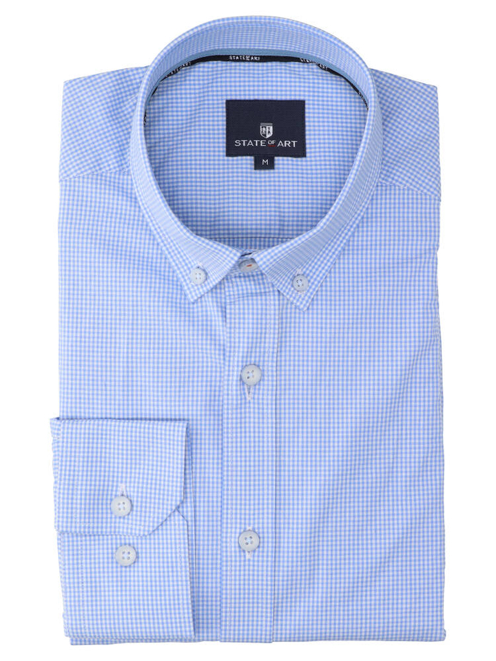 Wit katoenen hemd (regular fit) met blauwe ruitjes en lange mouwen State Of Art