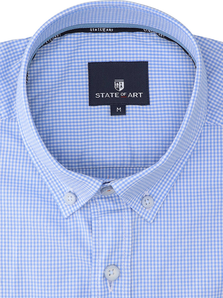 Wit katoenen hemd (regular fit) met blauwe ruitjes en lange mouwen State Of Art