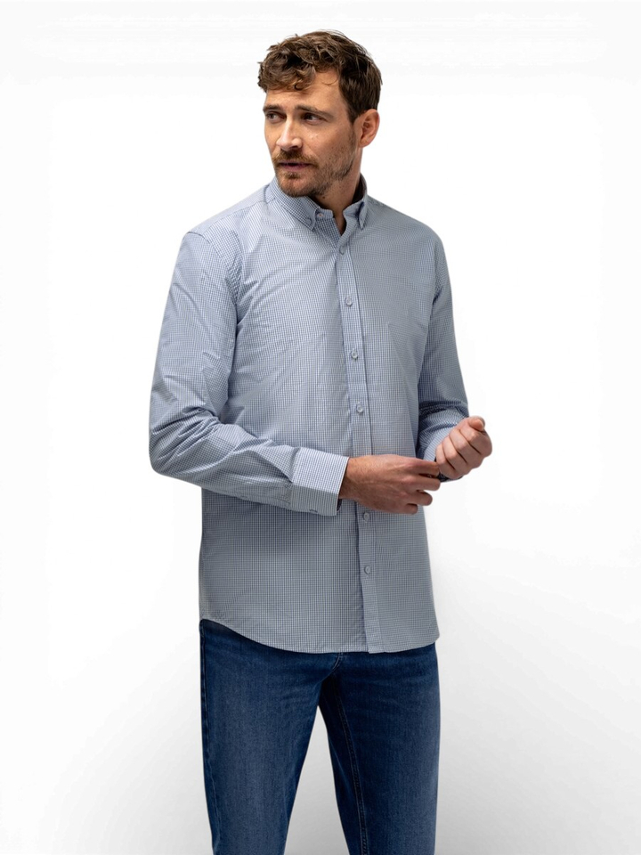 Wit katoenen hemd (regular fit) met blauwe ruitjes en lange mouwen State Of Art