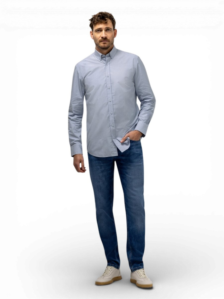 Wit katoenen hemd (regular fit) met blauwe ruitjes en lange mouwen State Of Art