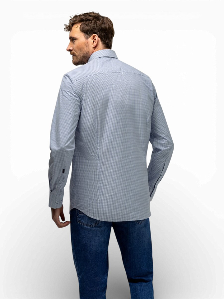 Wit katoenen hemd (regular fit) met blauwe ruitjes en lange mouwen State Of Art