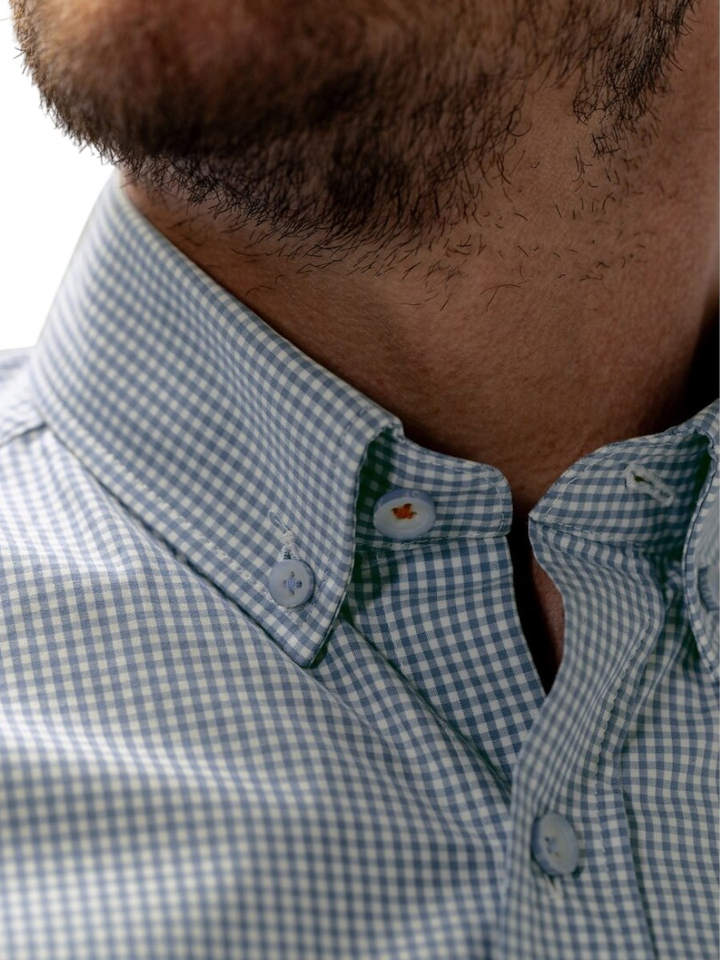 Wit katoenen hemd (regular fit) met blauwe ruitjes en lange mouwen State Of Art