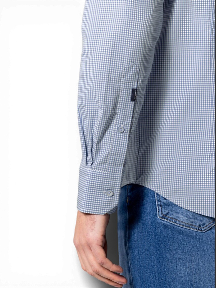 Wit katoenen hemd (regular fit) met blauwe ruitjes en lange mouwen State Of Art