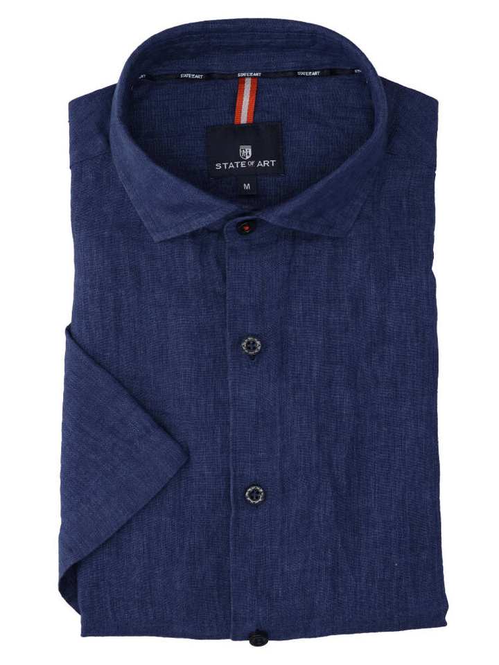 Donkerblauw linnen jeanshemd (regular fit) met korte mouwen State Of Art