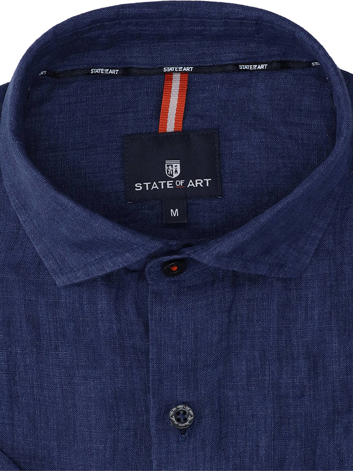 Donkerblauw linnen jeanshemd (regular fit) met korte mouwen State Of Art