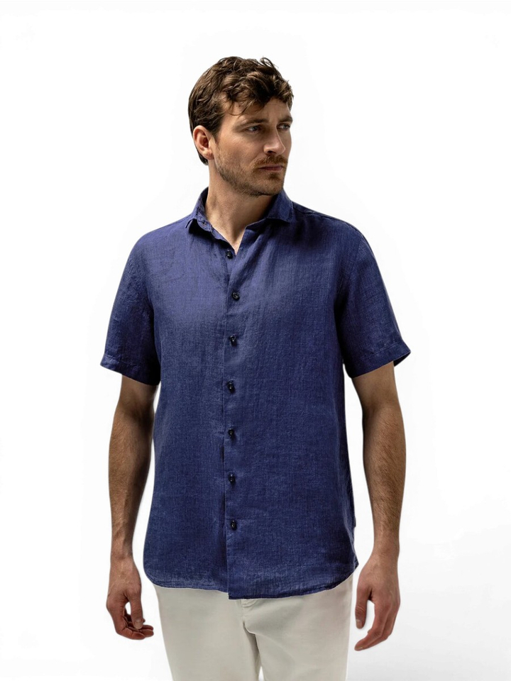Donkerblauw linnen jeanshemd (regular fit) met korte mouwen State Of Art