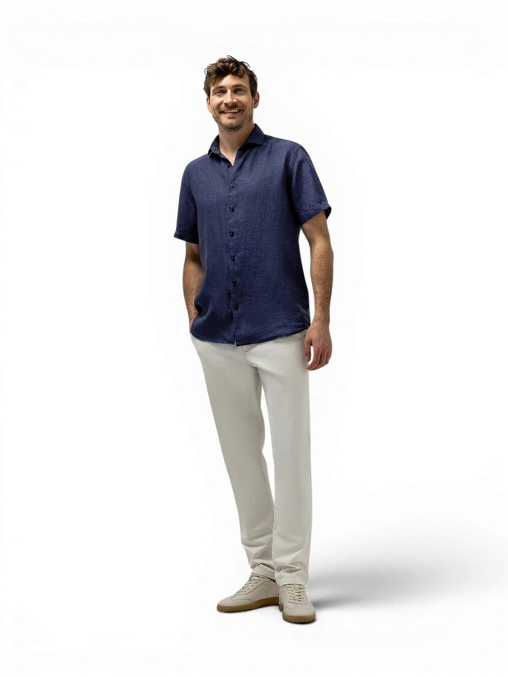 Donkerblauw linnen jeanshemd (regular fit) met korte mouwen State Of Art