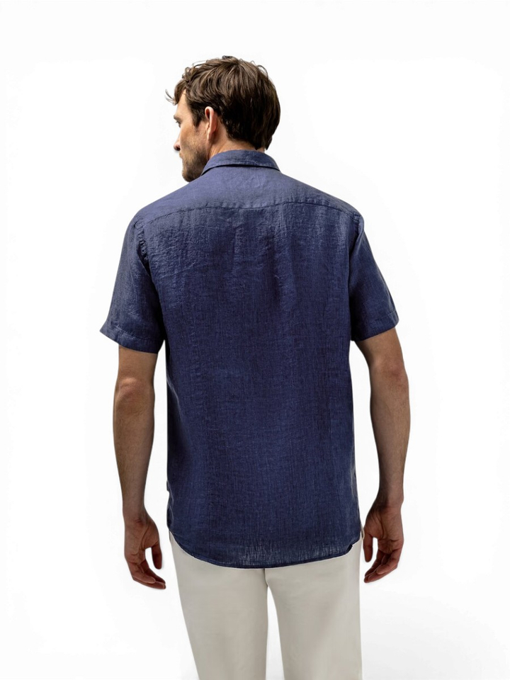 Donkerblauw linnen jeanshemd (regular fit) met korte mouwen State Of Art