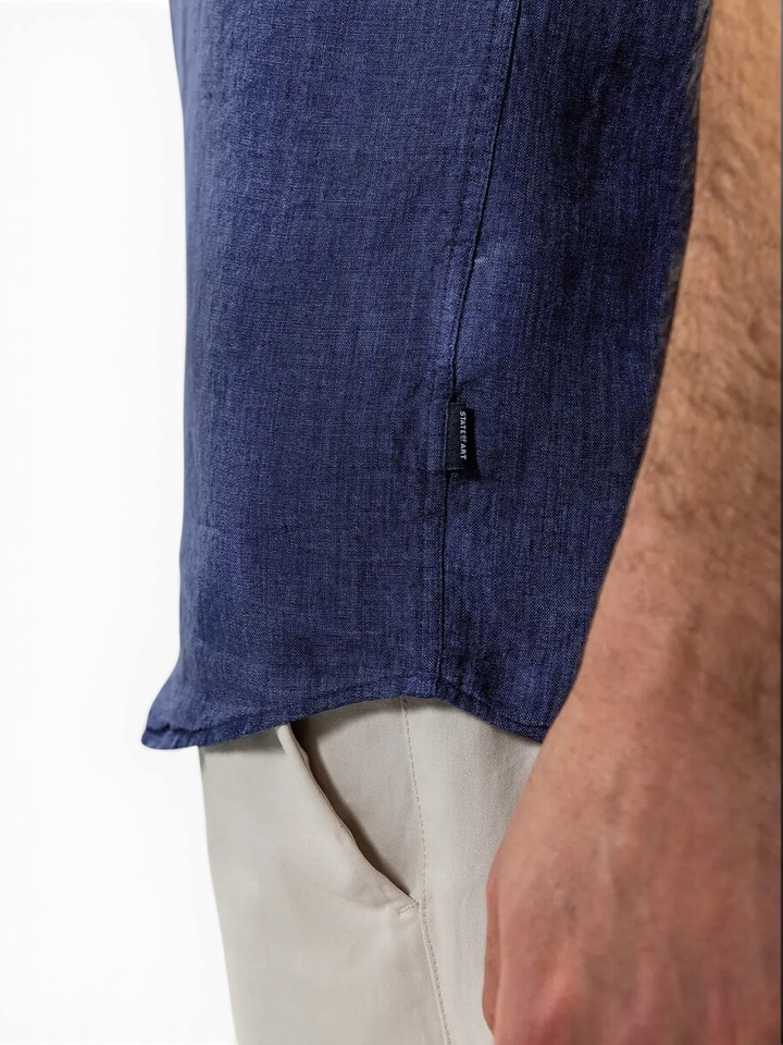 Donkerblauw linnen jeanshemd (regular fit) met korte mouwen State Of Art