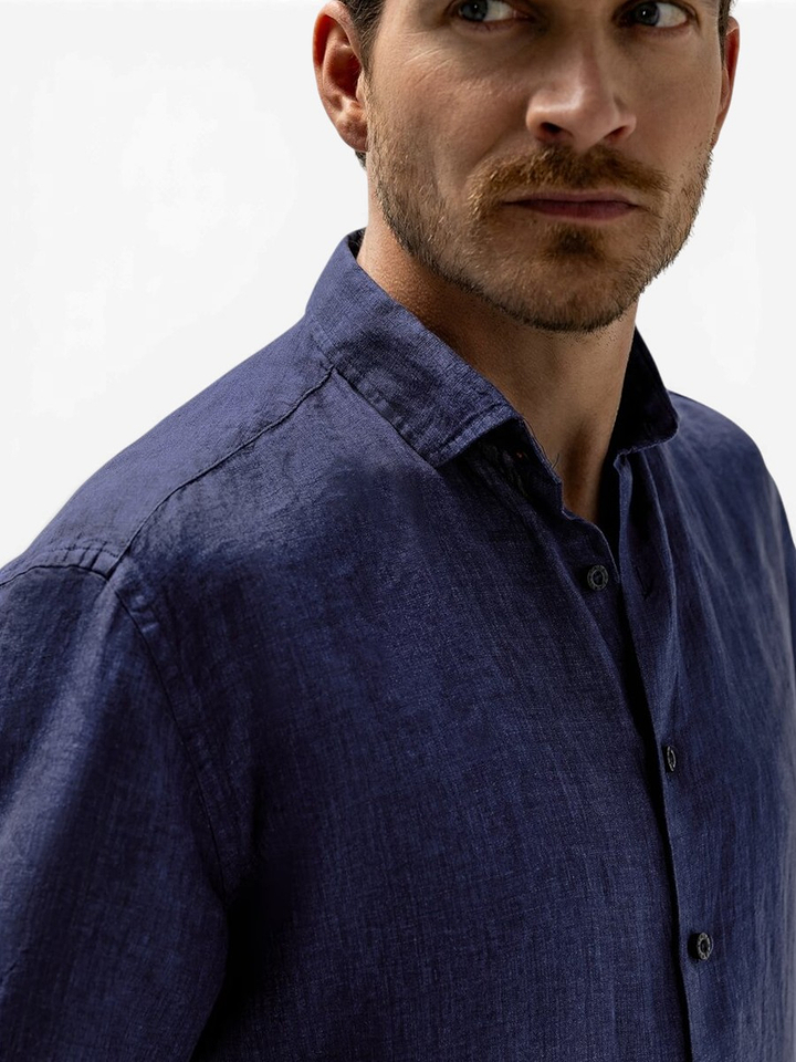 Donkerblauw linnen jeanshemd (regular fit) met korte mouwen State Of Art