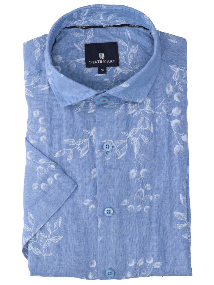 Jeansblauw linnen hemd (regular fit) met bloemen en korte mouwen State Of Art 