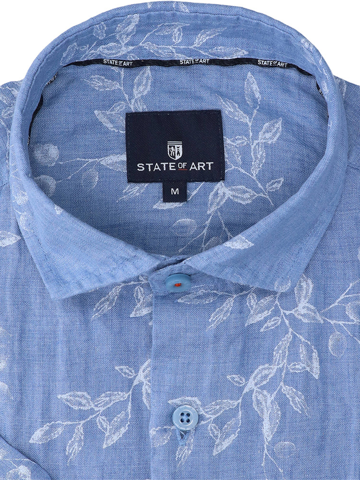 Jeansblauw linnen hemd (regular fit) met bloemen en korte mouwen State Of Art 