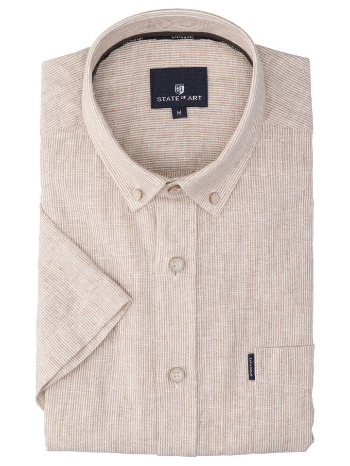 Beige linnen hemd (regular fit) met strepen en korte mouwen State Of Art