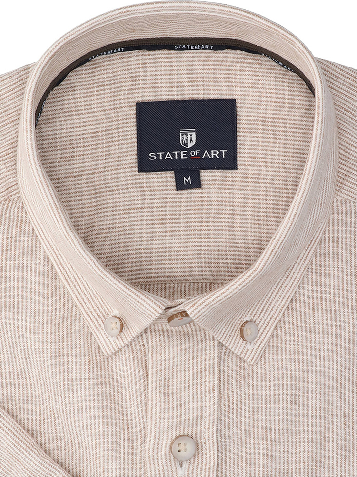 Beige linnen hemd (regular fit) met strepen en korte mouwen State Of Art