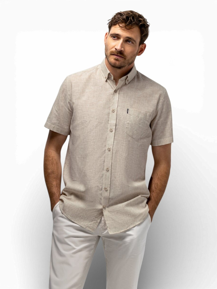 Beige linnen hemd (regular fit) met strepen en korte mouwen State Of Art