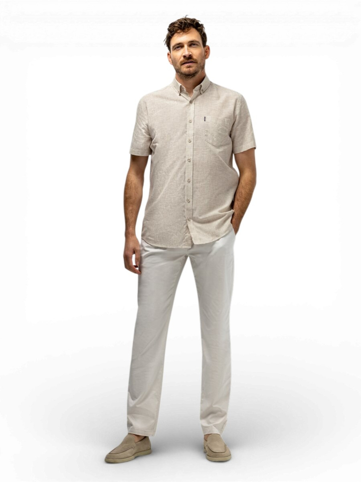 Beige linnen hemd (regular fit) met strepen en korte mouwen State Of Art