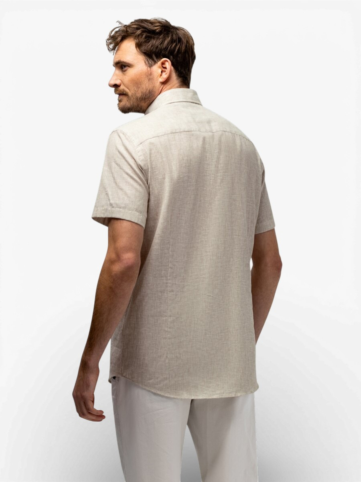 Beige linnen hemd (regular fit) met strepen en korte mouwen State Of Art