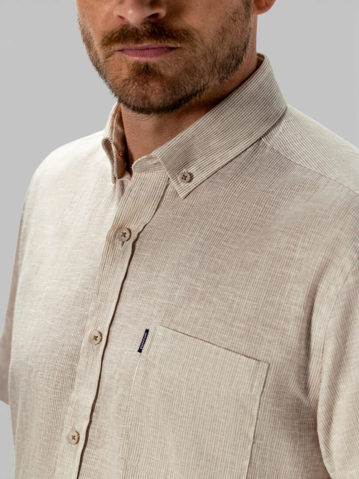Beige linnen hemd (regular fit) met strepen en korte mouwen State Of Art