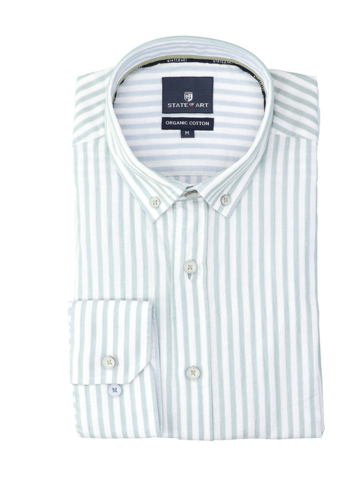 Wit linnen hemd (regular fit) met groene strepen en lange mouwen State Of Art 