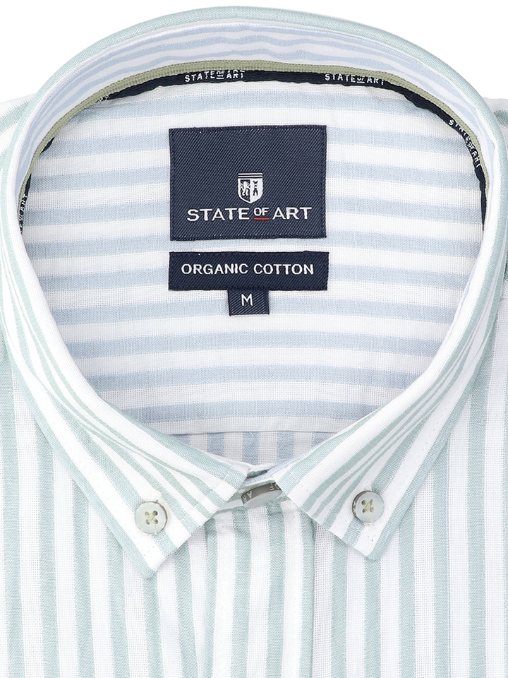 Wit linnen hemd (regular fit) met groene strepen en lange mouwen State Of Art 