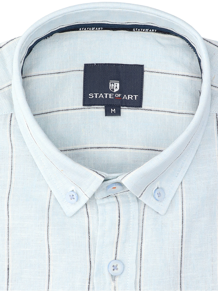 Lichtblauw linnen hemd ( regular fit) met strepen en lange mouwen State Of Art