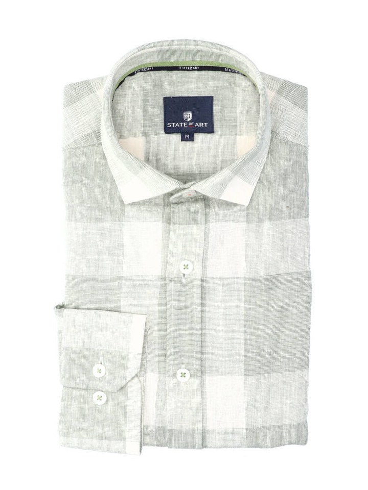 Groen linnen hemd (regular fit) met ruiten en lange mouwen State Of Art