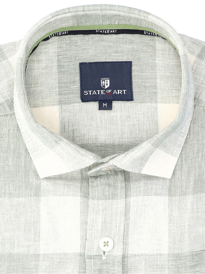 Groen linnen hemd (regular fit) met ruiten en lange mouwen State Of Art
