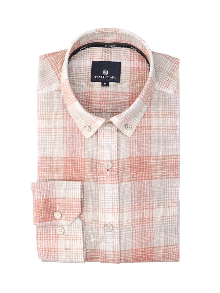 Beige linnen hemd (regular fit) met ruiten en lange mouwen State Of Art 