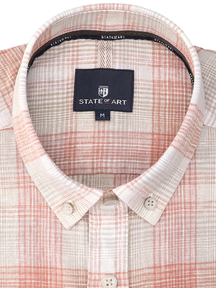 Beige linnen hemd (regular fit) met ruiten en lange mouwen State Of Art 