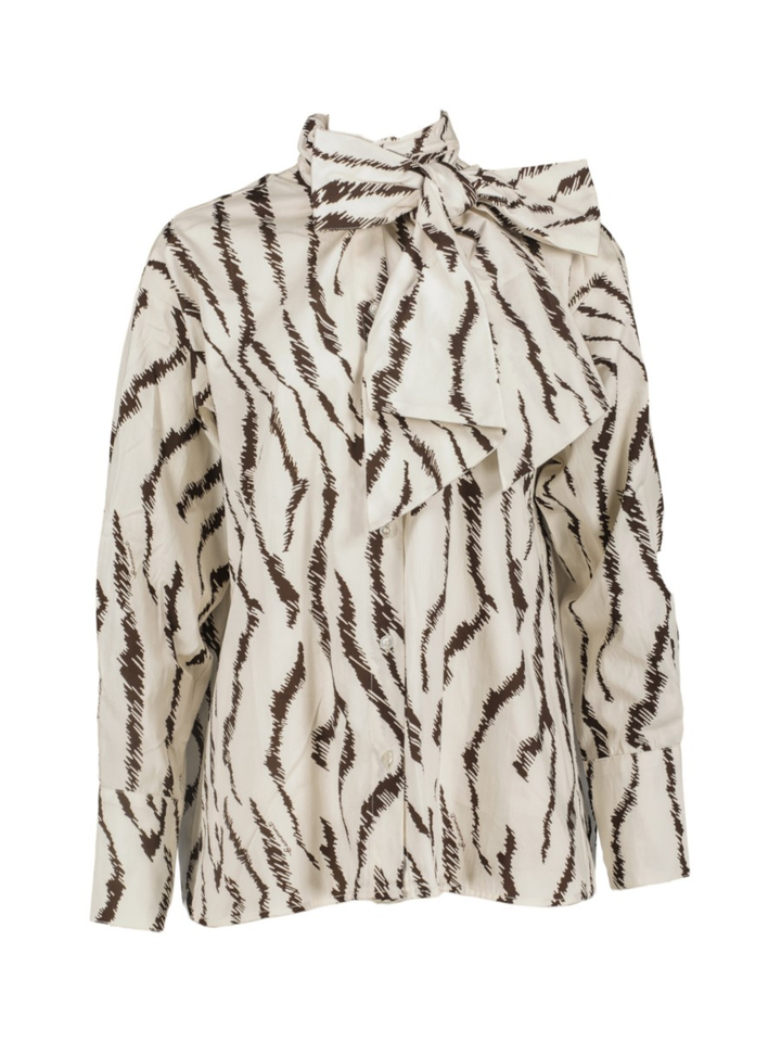 Creme kleurige bloes met bruine print en strik Lianne Beaumont 