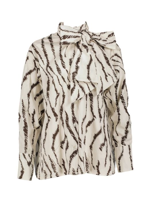 Crèmekleurige bloes met bruine print en strik Lianne Beaumont