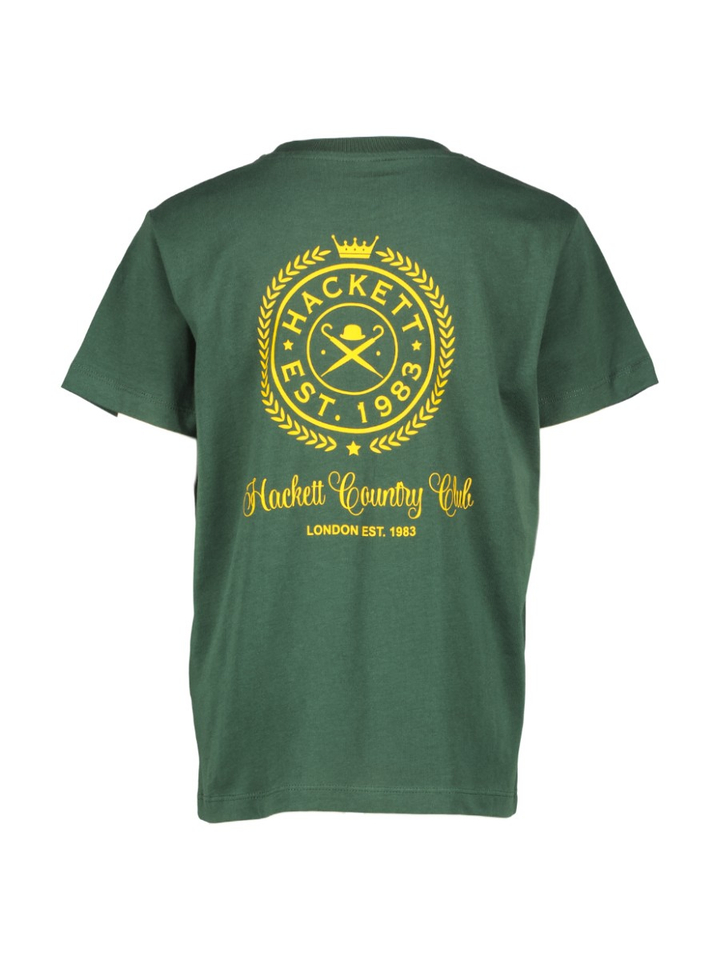 Donkergroene katoenen t-shirt met korte mouwen en opdruk op achterkant Hackett 
