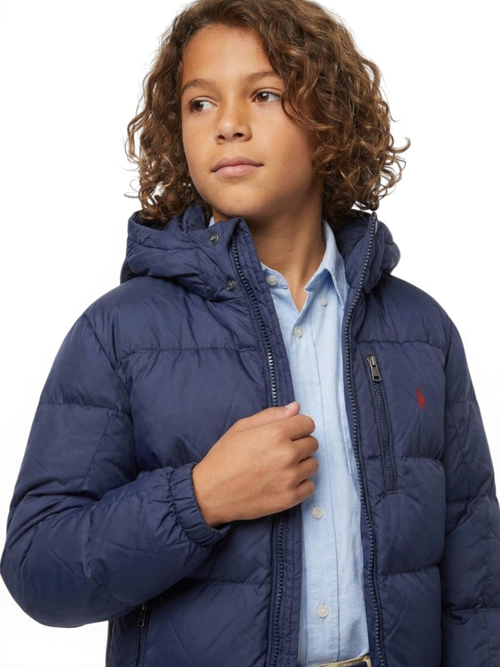 Blauwe puffer jacket met rits en kap Ralph Lauren 