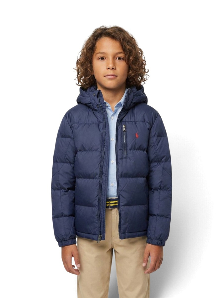 Blauwe puffer jacket met rits en kap Ralph Lauren 