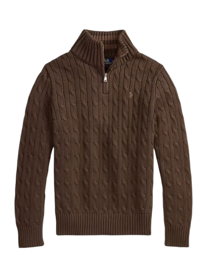 Bruine katoenen kabeltrui met kwartrits Ralph Lauren 