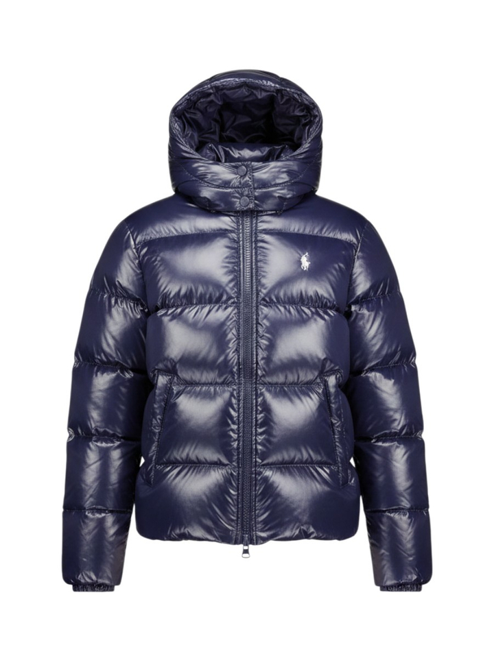 Donkerblauwe glanzende puffer jacket met rits en kap Ralph Lauren