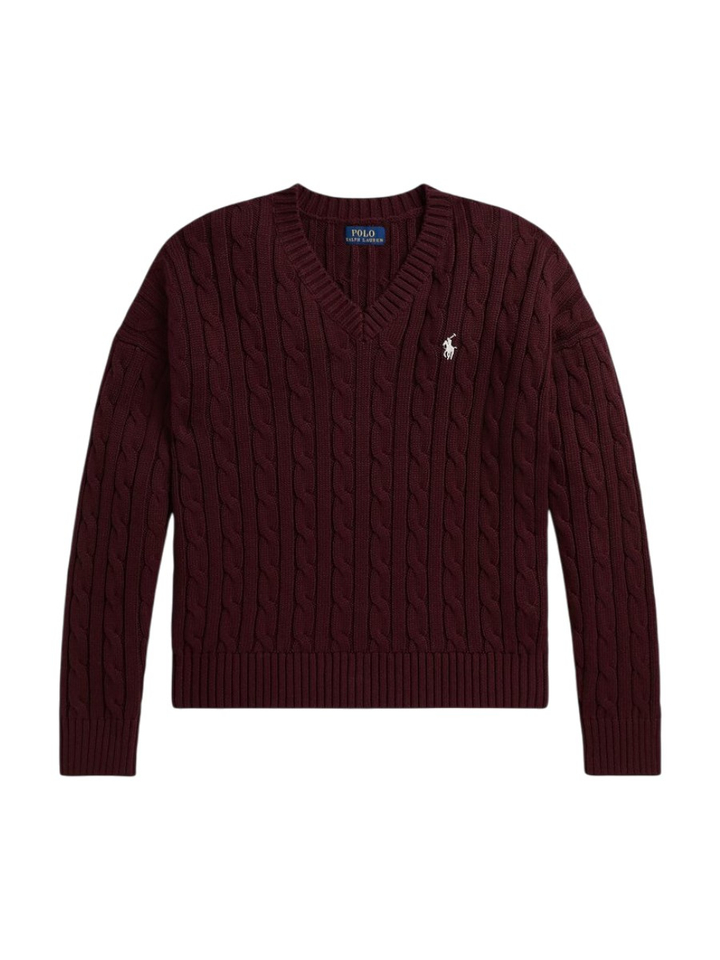 Bordeaux kabelgebrede katoenen trui met V-hals Ralph Lauren