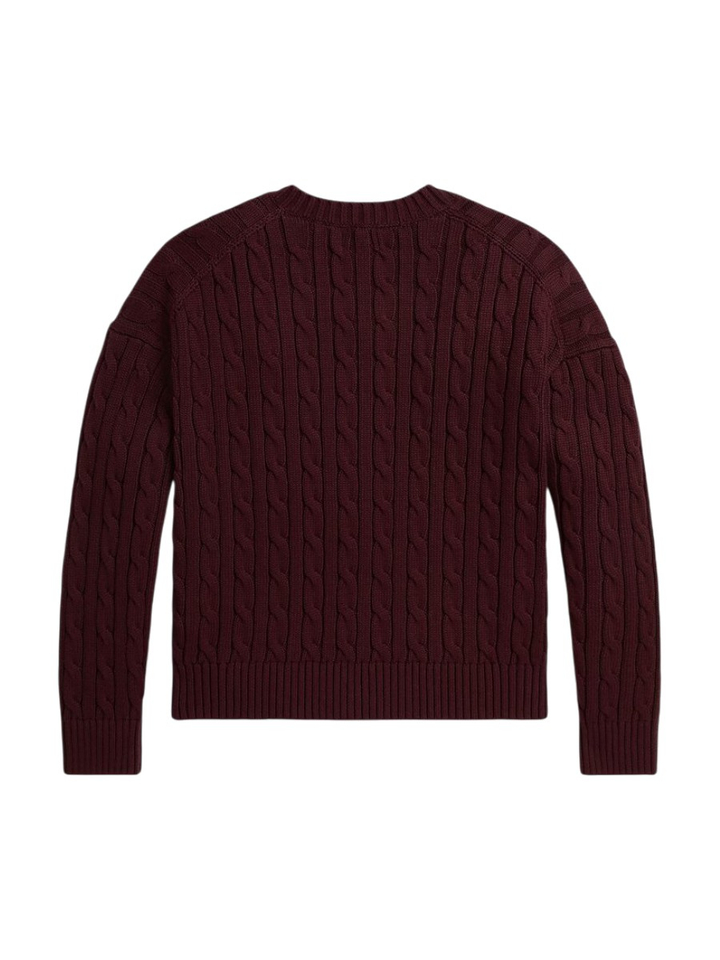 Bordeaux kabelgebrede katoenen trui met V-hals Ralph Lauren